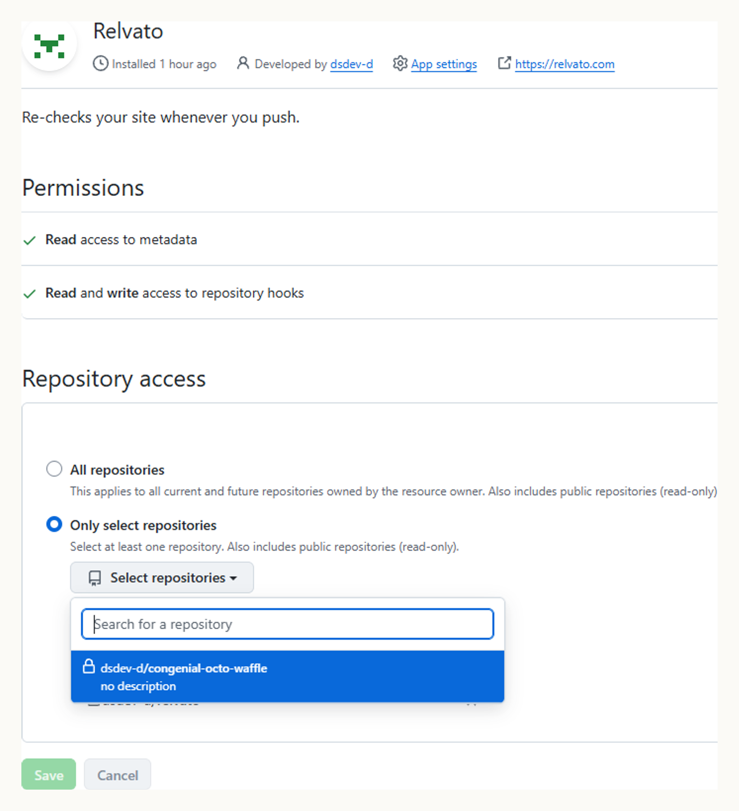 GitHub’s install screen for the Relvato app, showing metadata-read and webhook permissions and a repository picker