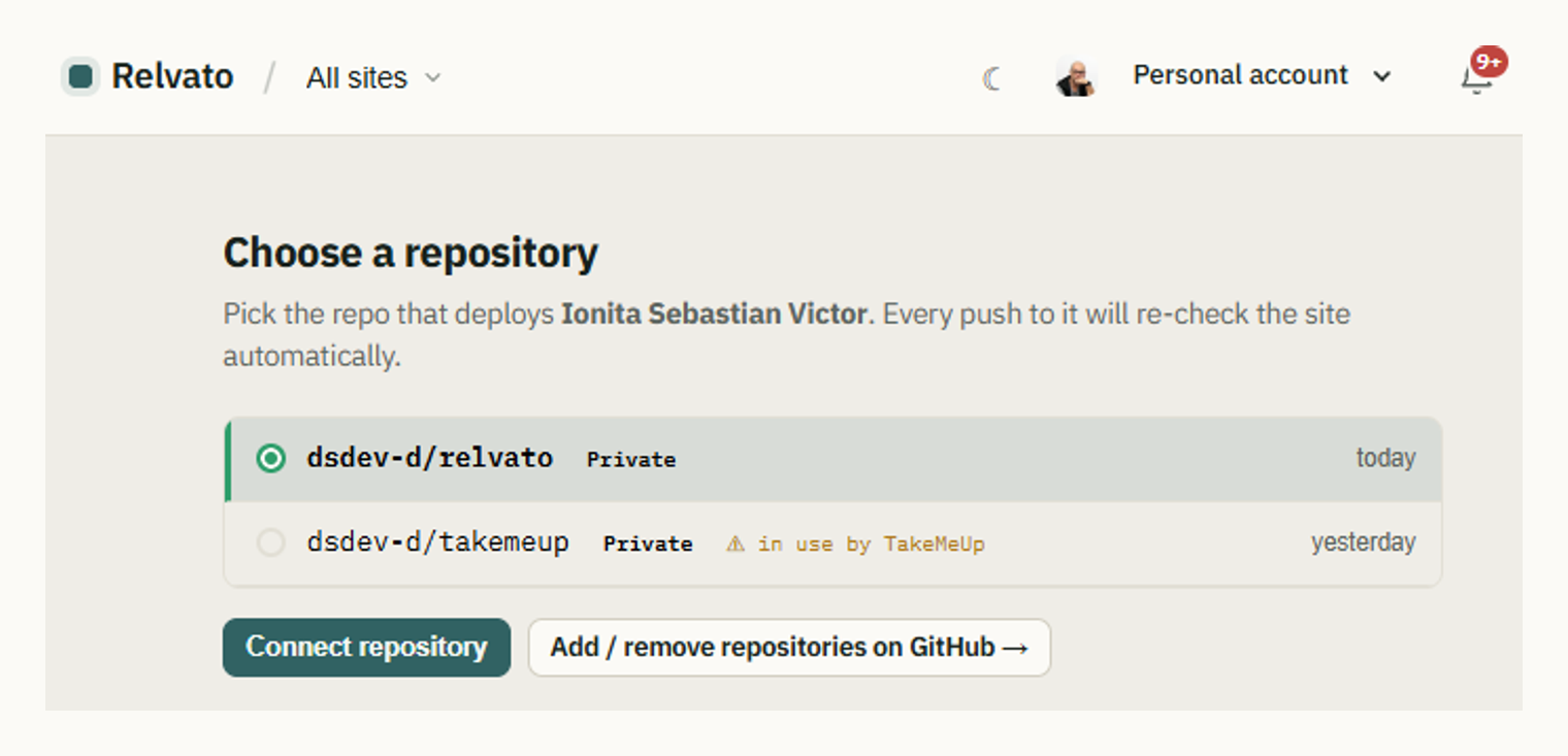 Relvato’s repository picker with one repo selected and another flagged as already in use by another site