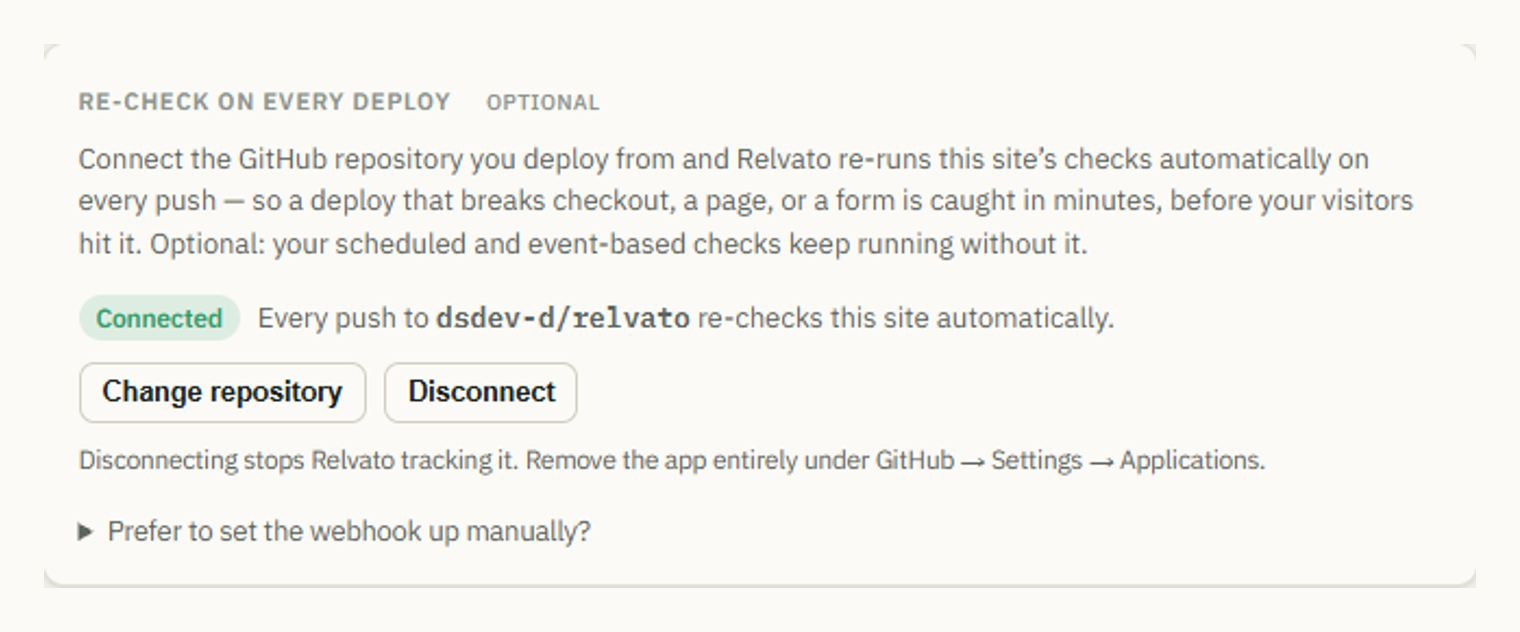 The Relvato settings card showing GitHub connected, with the repository name and Change repository and Disconnect buttons